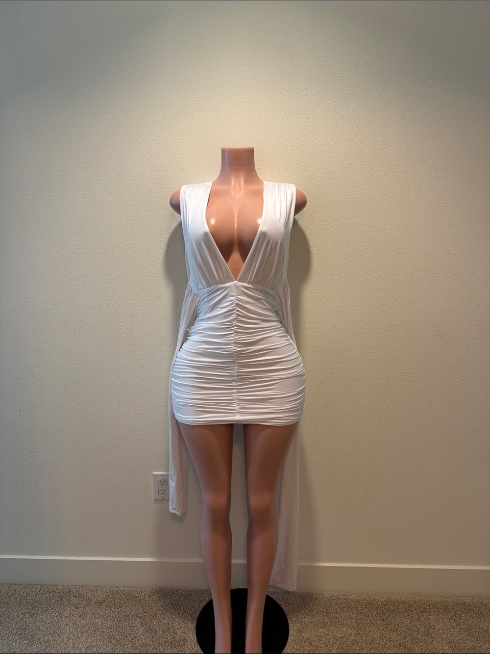 White Plunging Ruched Mini Dress with Draped Sleeves